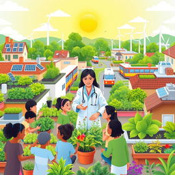 A vibrant illustration representing solutions to mitigate the impact of global warming on human health and communities