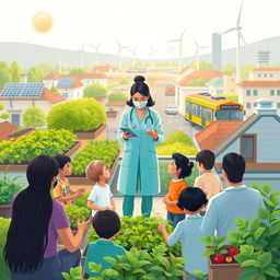 A vibrant illustration representing solutions to mitigate the impact of global warming on human health and communities