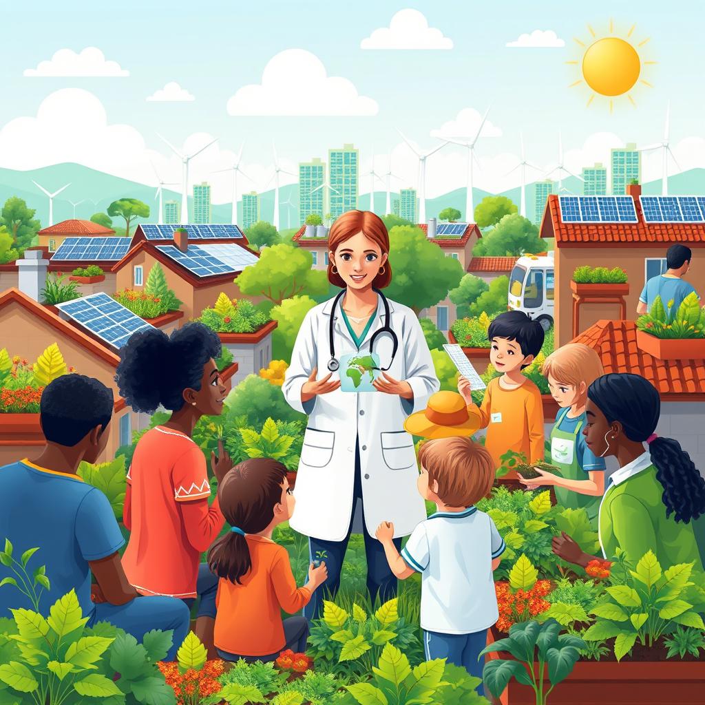 A vibrant illustration representing solutions to mitigate the impact of global warming on human health and communities