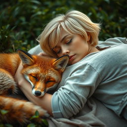 A blonde woman with short hair lying down peacefully with a fox beside her