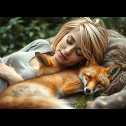 A blonde woman with short hair lying down peacefully with a fox beside her