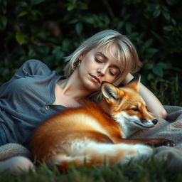 A blonde woman with short hair lying down peacefully with a fox beside her