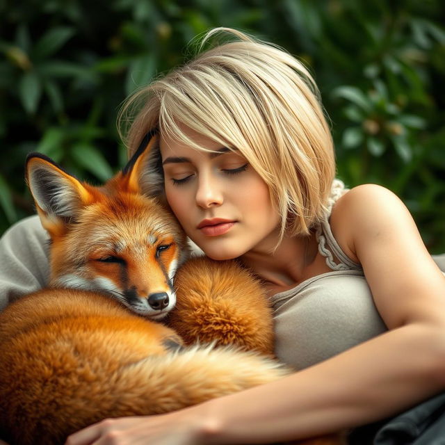 A blonde woman with short hair lying down peacefully with a fox beside her