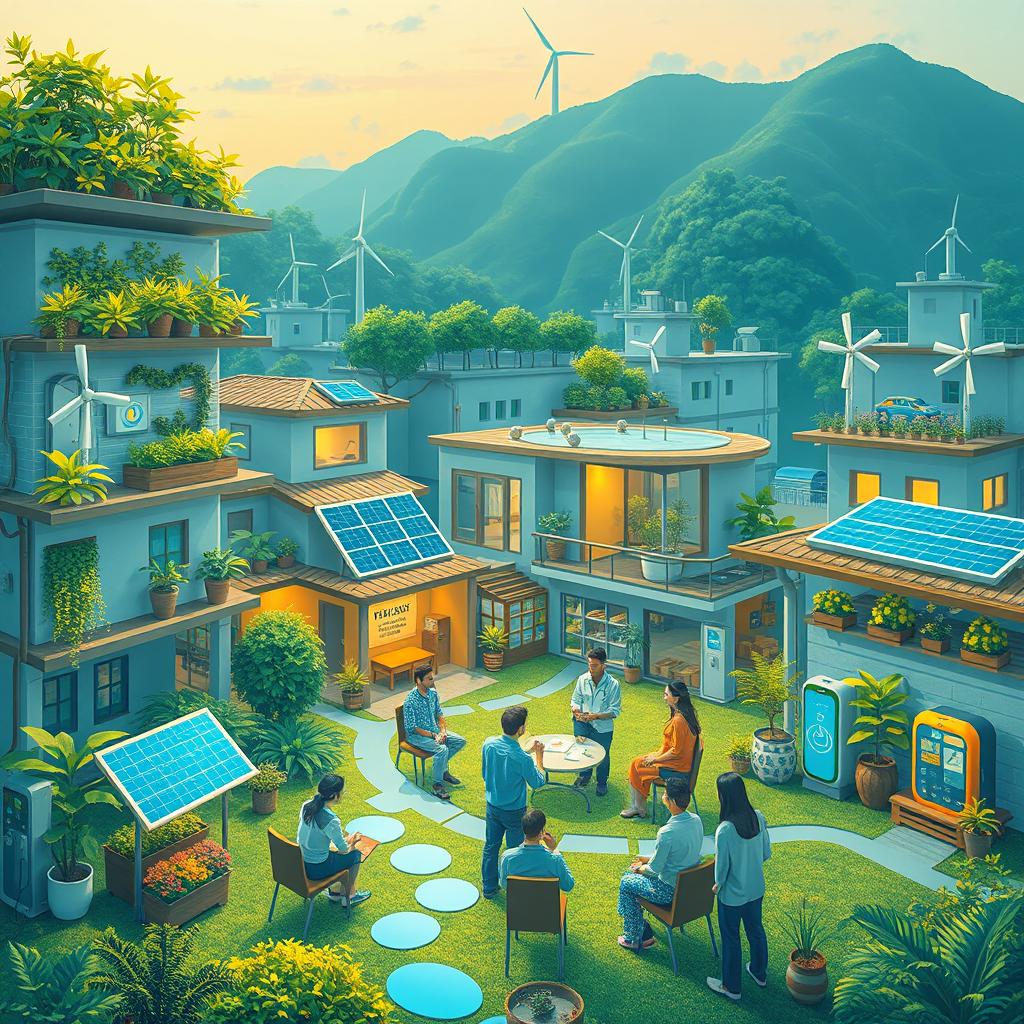 An inspiring scene depicting innovative solutions to combat the impact of climate change on health and communities