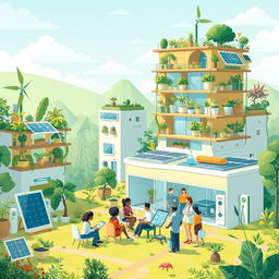 An inspiring scene depicting innovative solutions to combat the impact of climate change on health and communities