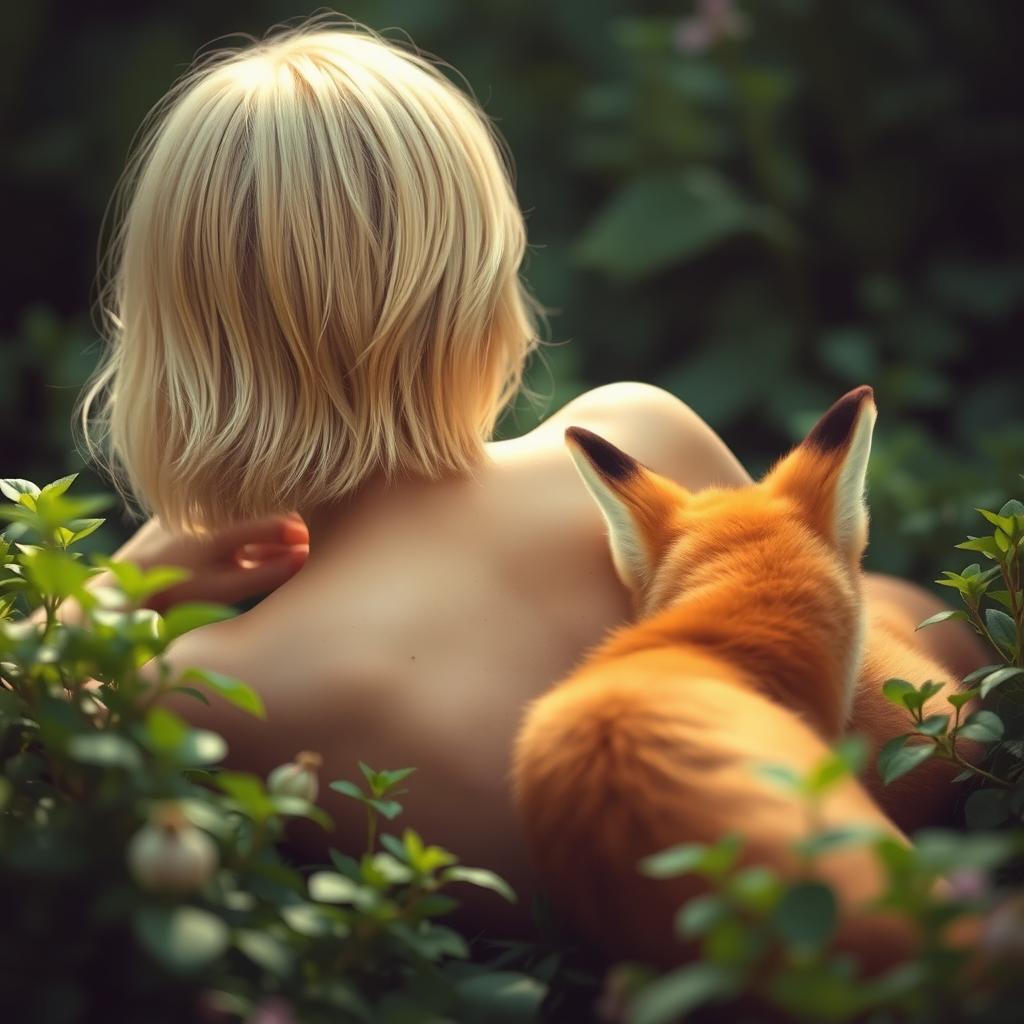 A blonde woman with short hair lying down with her back facing the viewer, accompanied by a fox