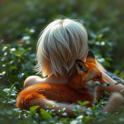 A blonde woman with short hair lying down with her back facing the viewer, accompanied by a fox