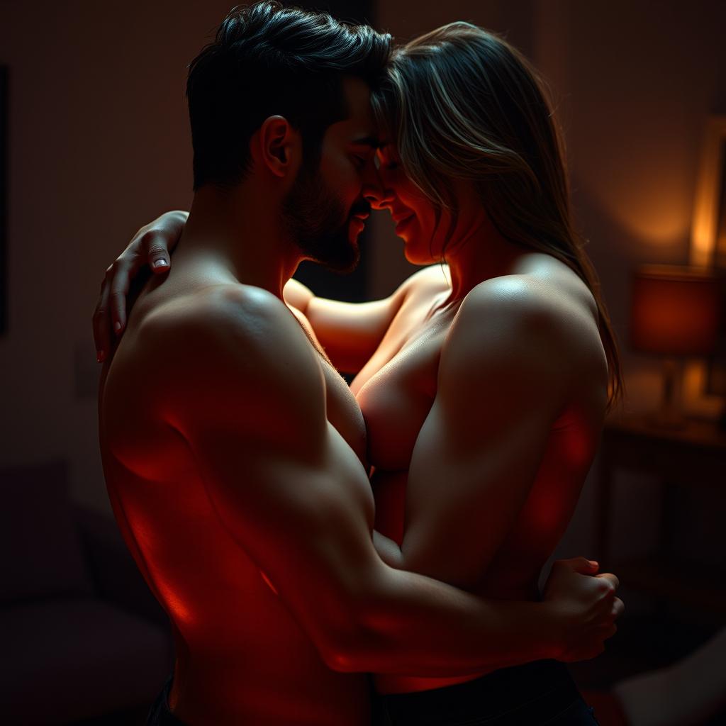 A passionate, intimate coupling scene with glowing skin and intertwined limbs, where two adult lovers are engaged in a close embrace, expressing their deep affection for each other