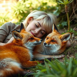 A blonde woman with short hair lying down in a peaceful natural setting alongside a fox