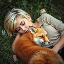 A blonde woman with short hair lying down in a peaceful natural setting alongside a fox