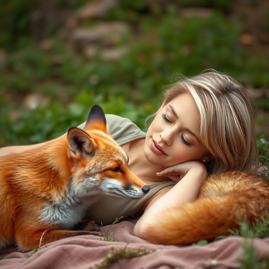 A blonde woman with short hair lying down in a peaceful natural setting alongside a fox