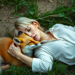 A blonde woman with short hair lying down in a peaceful natural setting alongside a fox