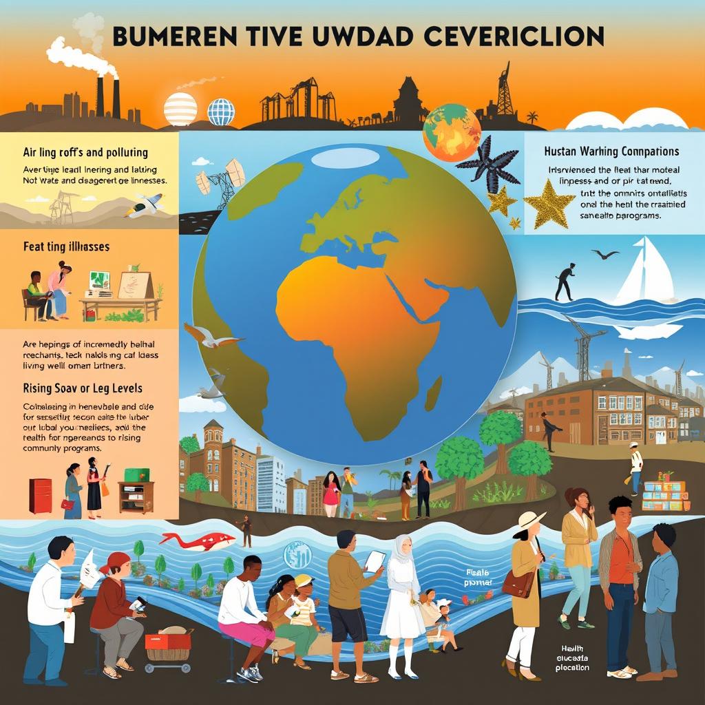 A detailed illustration highlighting key points of the impact of global warming on human health and communities