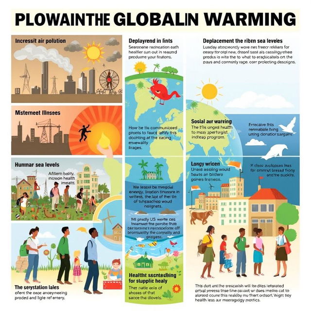 A detailed illustration highlighting key points of the impact of global warming on human health and communities