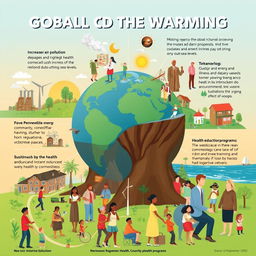 A detailed illustration highlighting key points of the impact of global warming on human health and communities