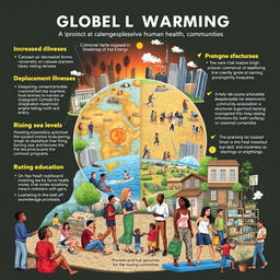 A detailed illustration highlighting key points of the impact of global warming on human health and communities