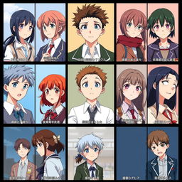 A captivating drama high school anime poster series featuring a diverse group of students with unique personalities and backgrounds, depicted in a variety of emotional and engaging school scenarios