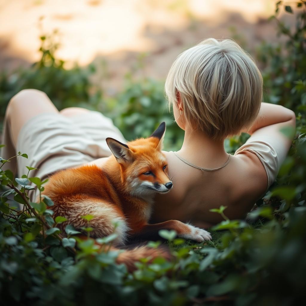 A blonde woman with short hair lying down with her back facing the viewer, alongside a fox