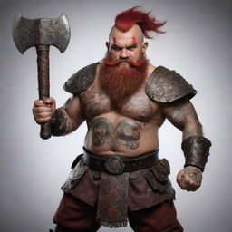 A fierce dwarf warrior, adorned with intricate tattoos, brandishing two axes in his hands. His distinctive red mohawk adds to his intimidating presence.