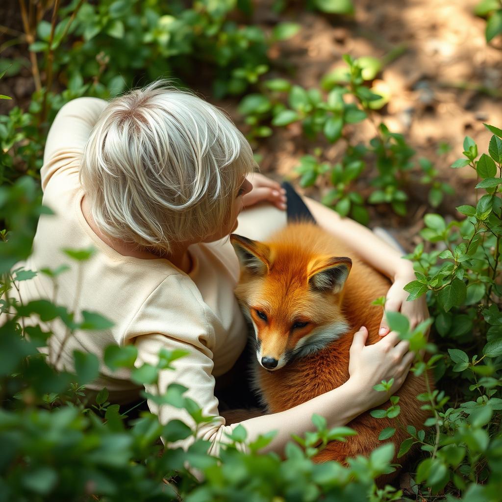 A blonde woman with short hair lying down with her back facing the viewer, alongside a fox