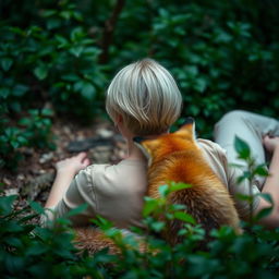 A blonde woman with short hair lying down with her back facing the viewer, alongside a fox