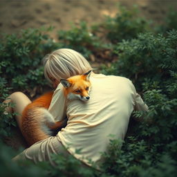 A blonde woman with short hair lying down with her back facing the viewer, alongside a fox