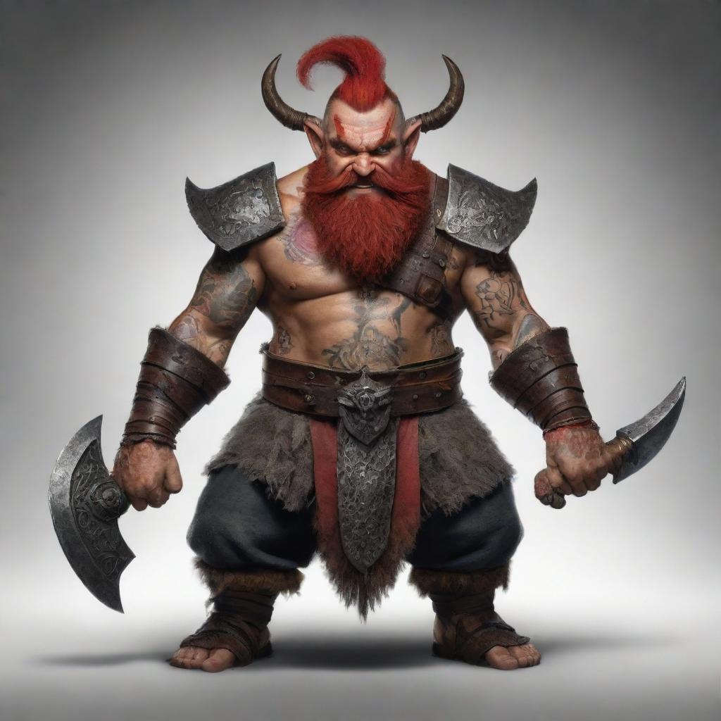 A fierce dwarf warrior, adorned with intricate tattoos, brandishing two axes in his hands. His distinctive red mohawk adds to his intimidating presence.