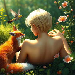 A blonde woman with short hair lying down with her back facing the viewer, accompanied by a fox