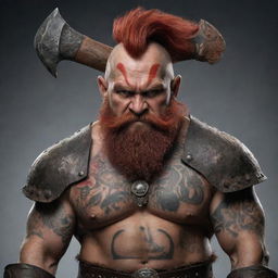 A fierce dwarf warrior, adorned with intricate tattoos, brandishing two axes in his hands. His distinctive red mohawk adds to his intimidating presence.