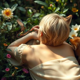 A blonde woman with short hair lying down with her back facing the viewer, accompanied by a fox