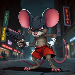 A stylized portrayal of an anthropomorphic mouse with large circular ears, wearing red shorts and white gloves