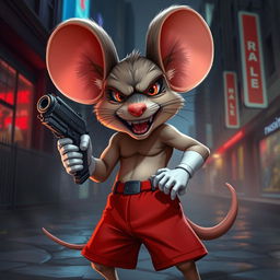 A stylized portrayal of an anthropomorphic mouse with large circular ears, wearing red shorts and white gloves