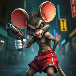 A stylized portrayal of an anthropomorphic mouse with large circular ears, wearing red shorts and white gloves