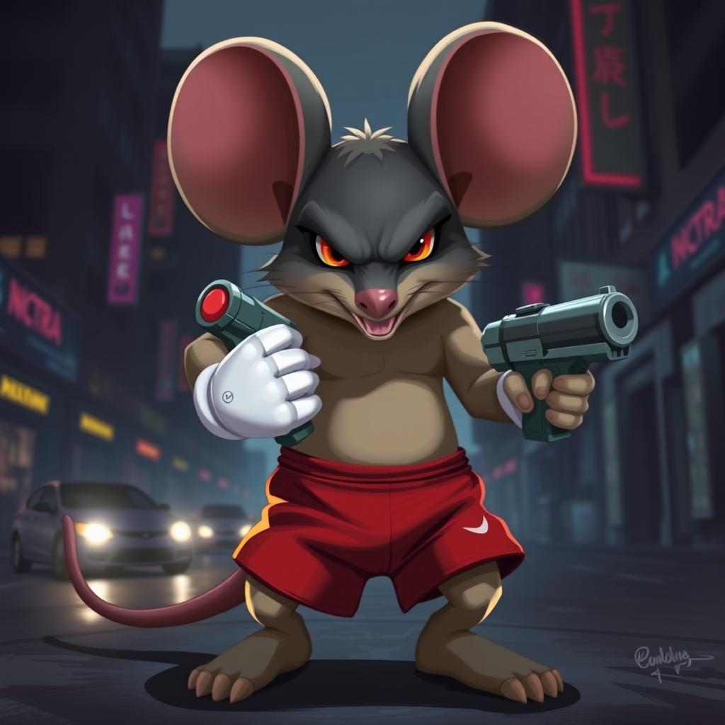 A stylized portrayal of an anthropomorphic mouse with large circular ears, wearing red shorts and white gloves