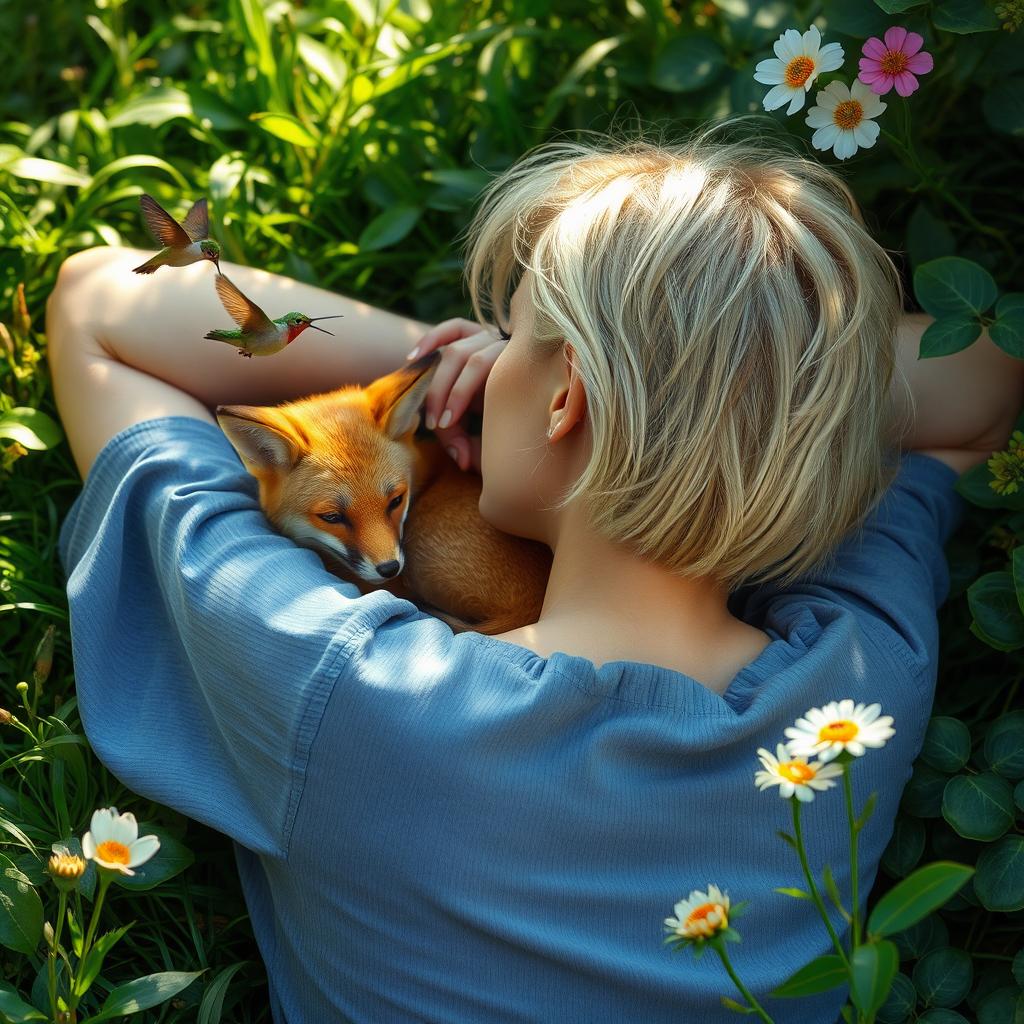 A blonde woman with short hair lying down with her back to the viewer, a fox nestled beside her