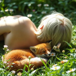 A blonde woman with short hair lying down with her back to the viewer, a fox nestled beside her