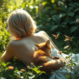 A blonde woman with short hair lying down with her back to the viewer, a fox nestled beside her