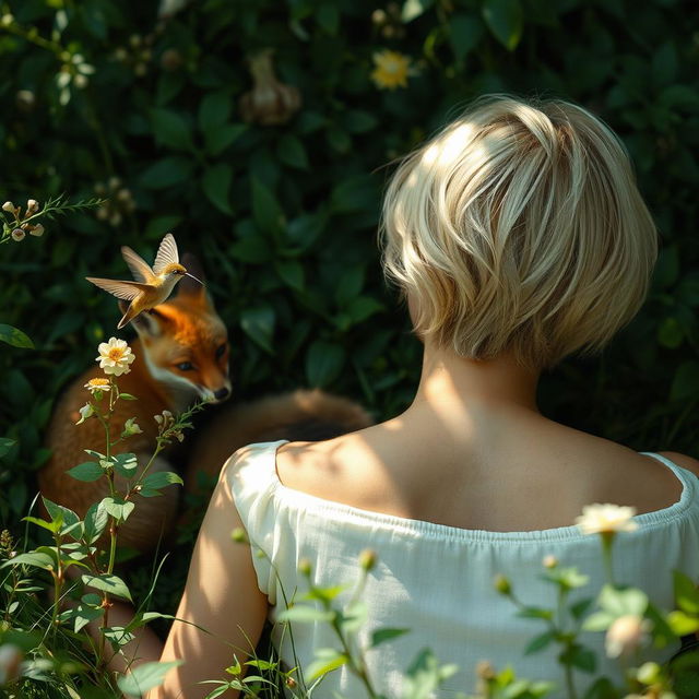 A blonde woman with short hair lying down with her back to the viewer, a fox nestled beside her