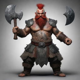 A fierce dwarf warrior, adorned with intricate tattoos, brandishing two axes in his hands. His distinctive red mohawk adds to his intimidating presence.