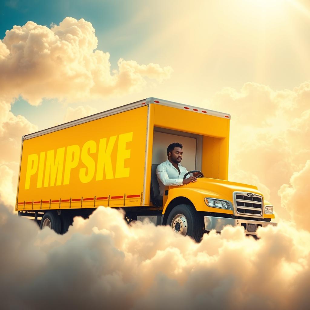 A black man wearing a pristine white shirt, confidently driving an all-yellow box truck