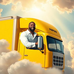 A black man wearing a pristine white shirt, confidently driving an all-yellow box truck