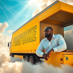 A black man wearing a pristine white shirt, confidently driving an all-yellow box truck