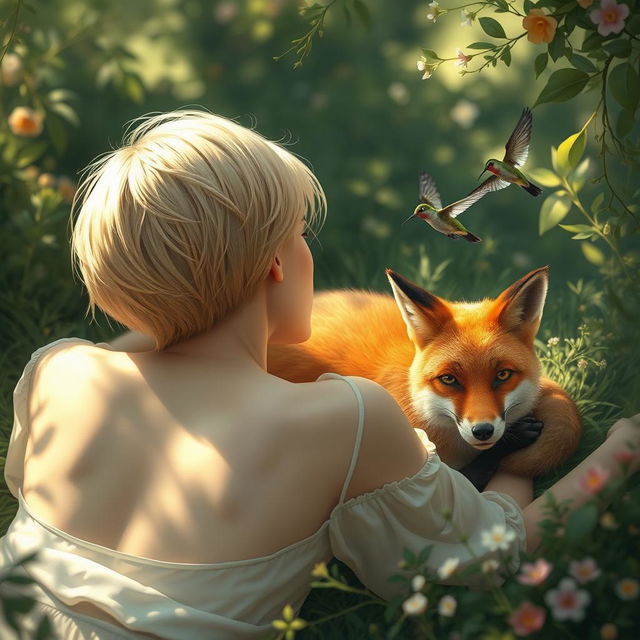 A blonde woman with short hair lying down with her back facing the viewer, a fox resting beside her