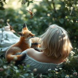 A blonde woman with short hair lying down with her back facing the viewer, a fox resting beside her