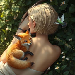 A blonde woman with short hair lying down with her back facing the viewer, a fox resting beside her