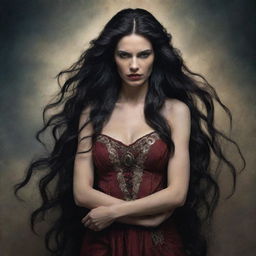 An artistic representation of Lilith, often portrayed in mythology as a powerful and mysterious woman with long dark hair, wearing antiquated clothing.