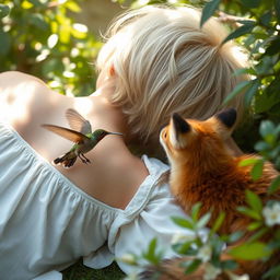 A blonde woman with short hair lying down with her back to the viewer, next to a fox