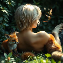 A blonde woman with short hair lying down with her back to the viewer, next to a fox