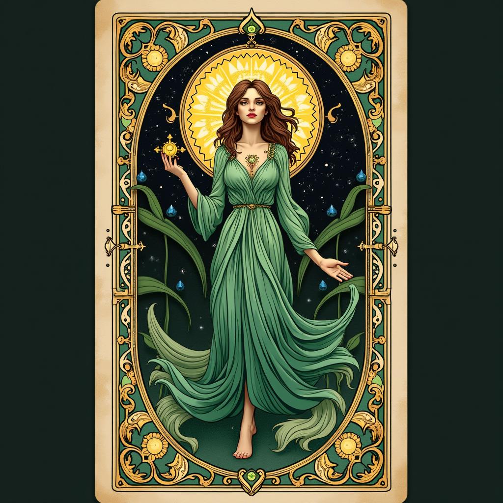 A beautifully designed tarot card featuring intricate art nouveau elements, with flowing lines and ornamental details