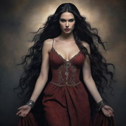 An artistic representation of Lilith, often portrayed in mythology as a powerful and mysterious woman with long dark hair, wearing antiquated clothing.